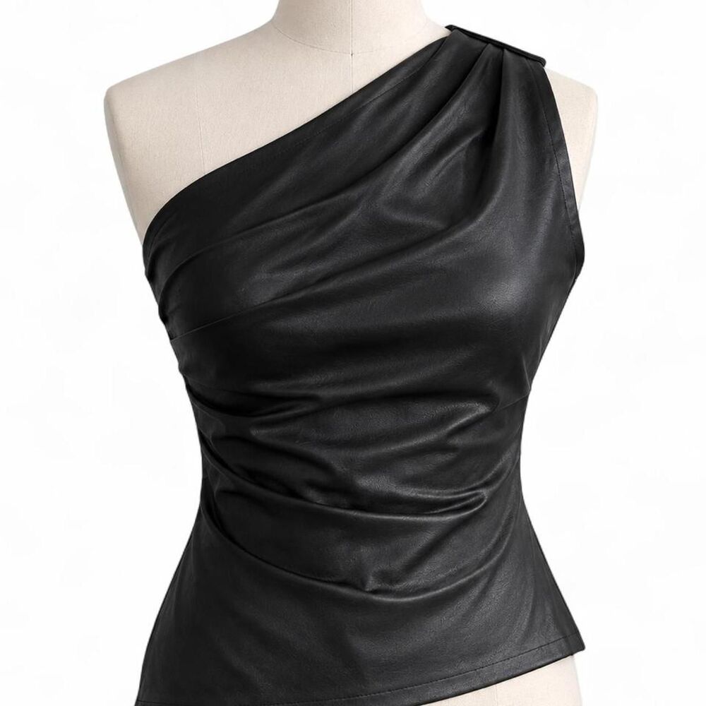 Commense Women's Black Faux Leather Zip Top Size S